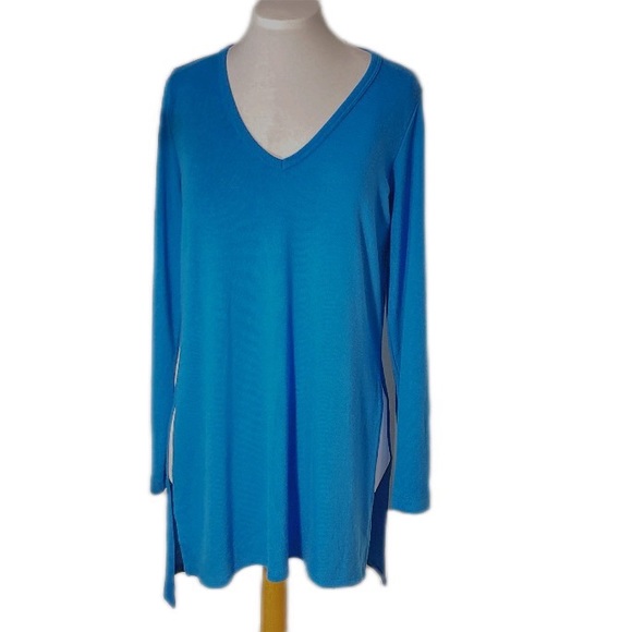 🆕 Karen Kane Knit Tunic High Low Slit each side V Neck Azure Blue NWT SZ M - Picture 3 of 10